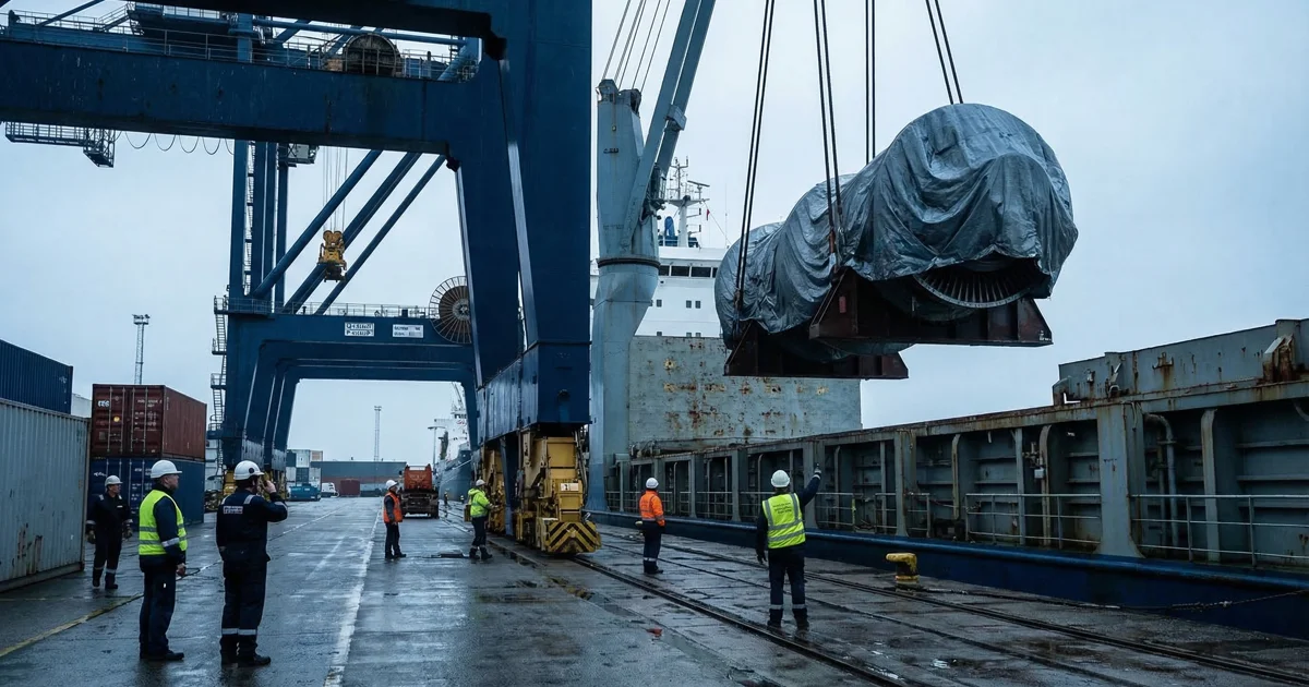 Heavy-lift crane loading oversized cargo onto vessel at port