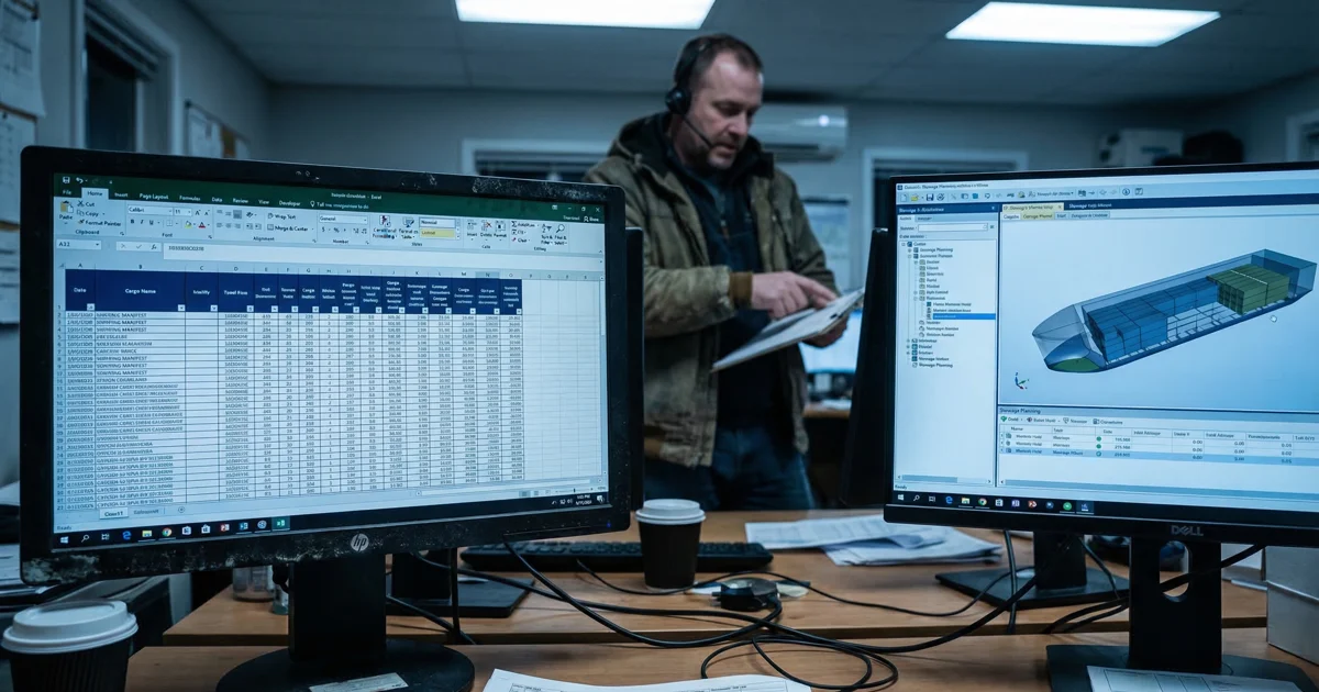 Excel spreadsheet versus digital stowage planning tool on two monitors