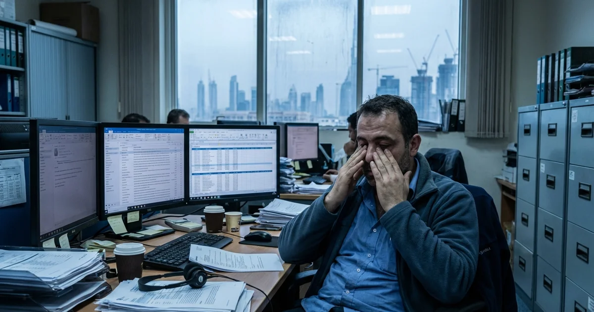 Exhausted freight forwarding operations manager at desk