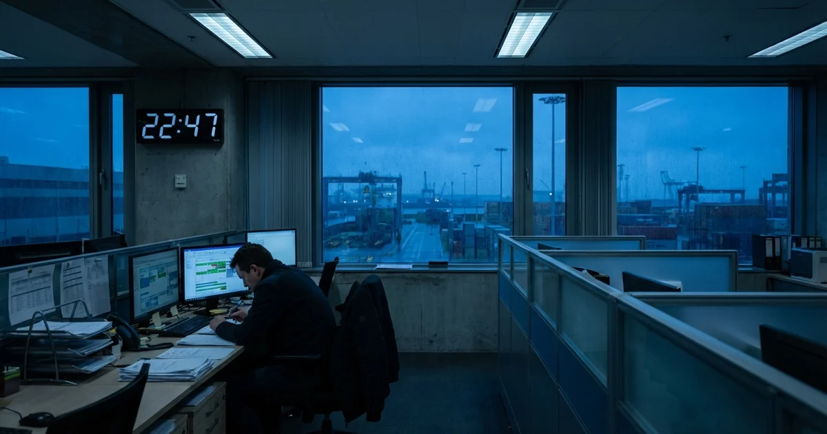 Tired freight operations team processing documents late at night