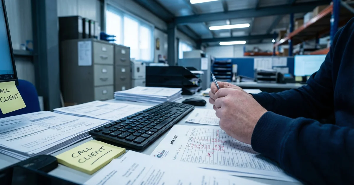 Freight forwarder desk with shipping documents, sticky note reading call client, and rate sheet markups