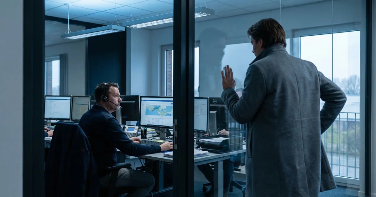 Freight forwarding office with glass partition showing communication barrier between operations and client