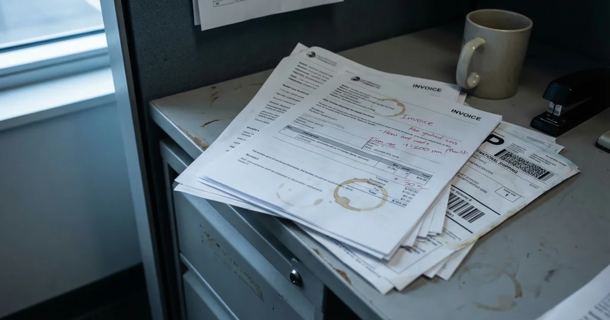 Stack of shipping invoices with coffee stains and handwritten corrections