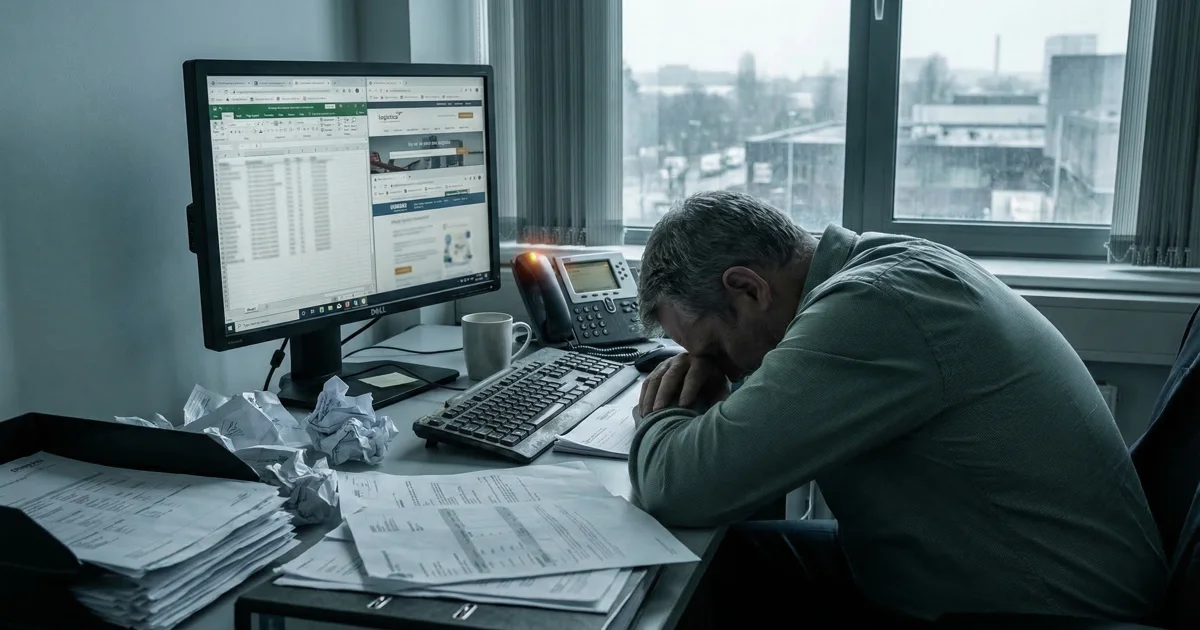 Freight forwarder overwhelmed at desk with multiple monitors and piling documents