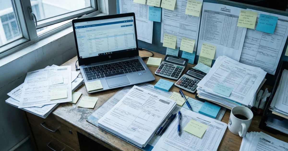 Freight forwarder desk covered with bills of lading, rate sheets and sticky notes