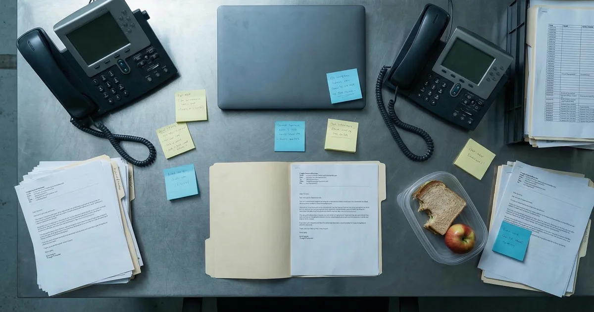 Freight forwarding operations manager reviewing emails on multiple screens