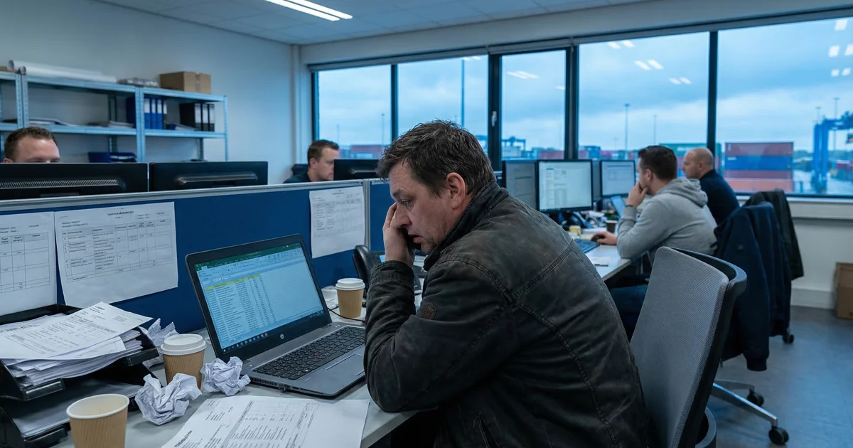 Freight forwarder reviewing rate quotes with container port visible through office window