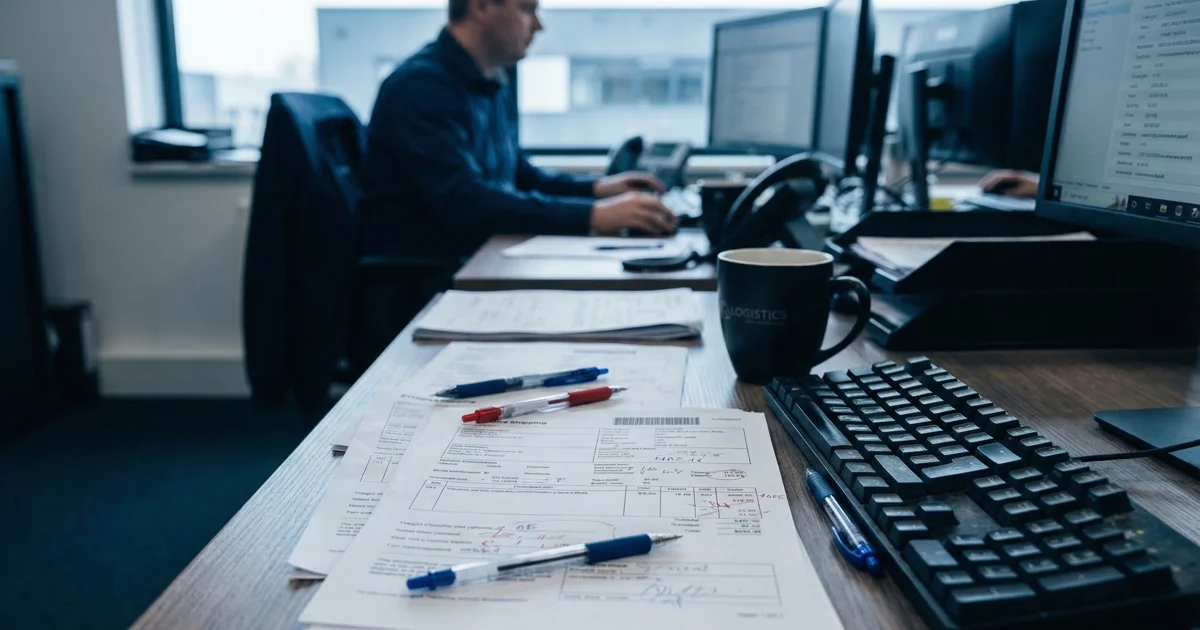 Stack of freight quote documents with handwritten corrections and markup