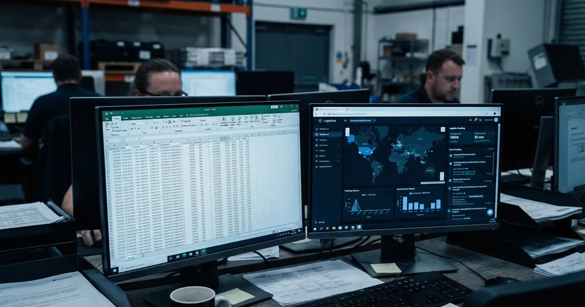 Excel spreadsheet versus modern logistics dashboard on two screens