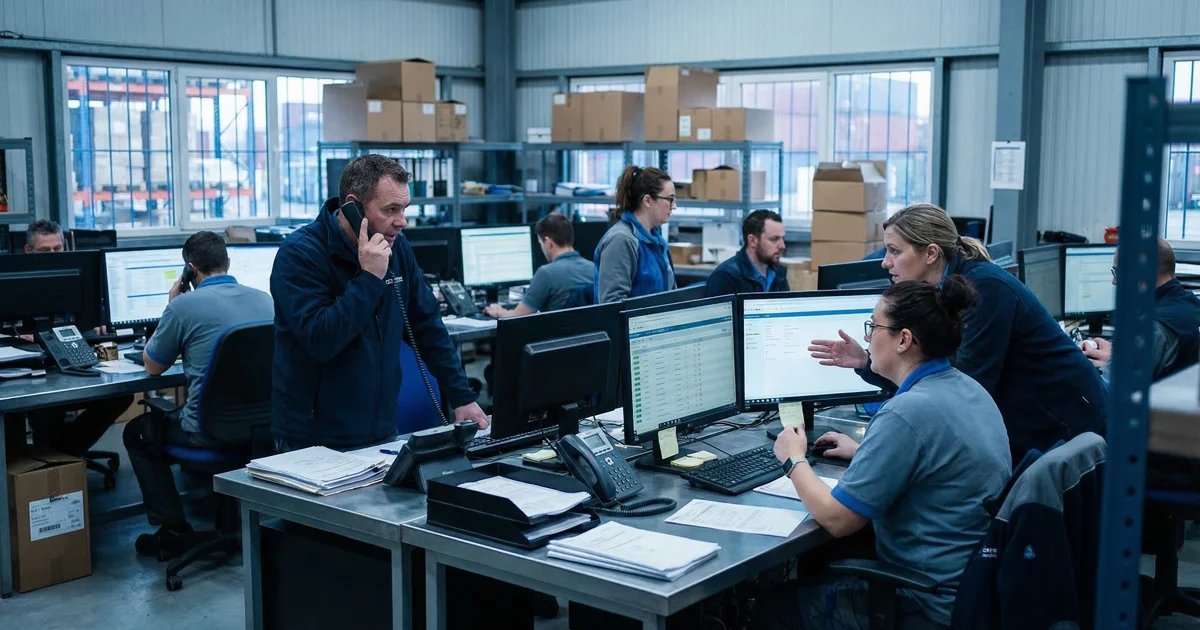 Busy freight forwarding operations office floor