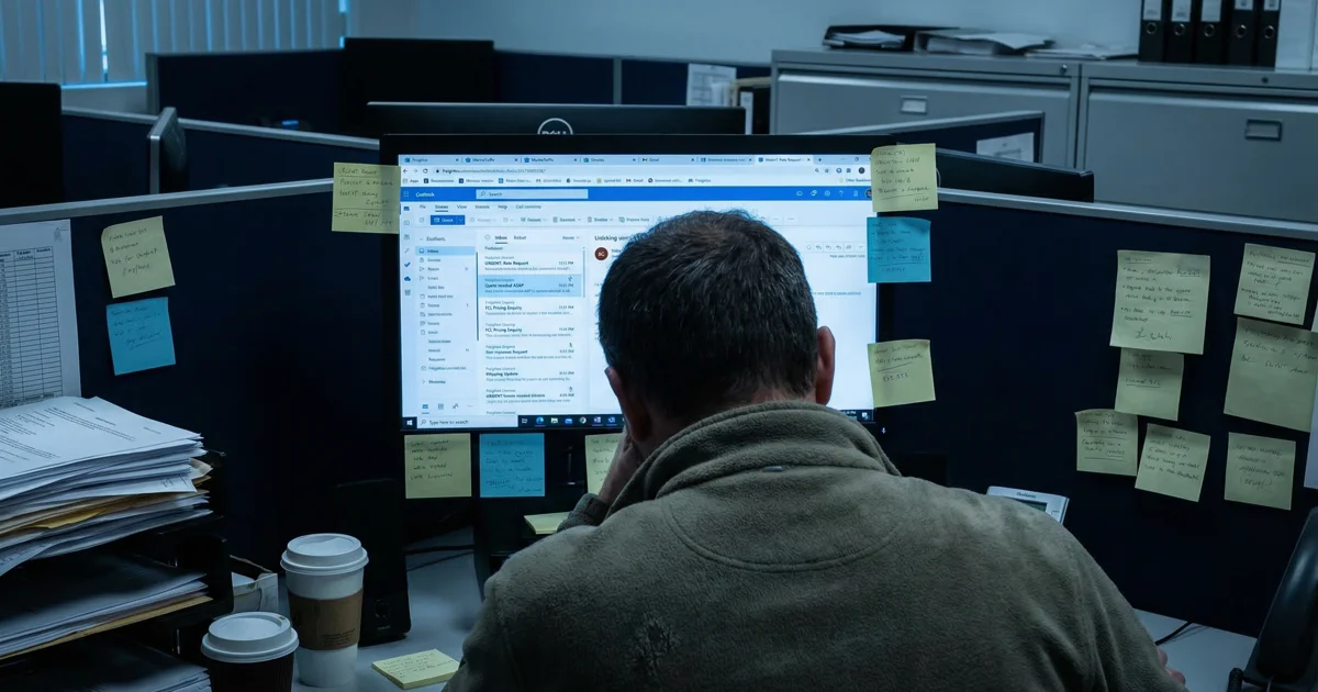Freight quoting workflow diagram showing 8 steps from email intake to outbound reply