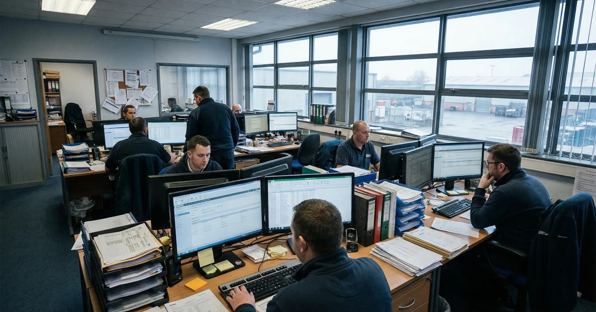 Freight forwarding office with TMS dashboard on screen and overflowing email inbox